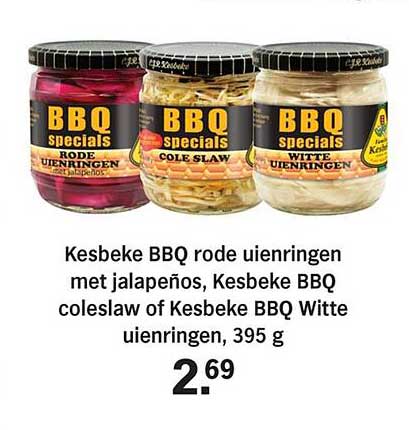 Kesbeke BBQ rode uienringen met jalapeños, Kesbeke BBQ coleslaw of Kesbeke BBQ Witte uienringen, 395 g