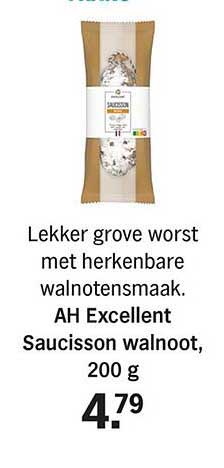Lekker grove worst met herkenbare walnotensmaak. AH Excellent Sausisson walnoot, 200 g