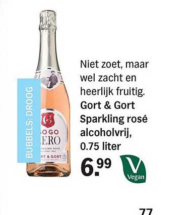 Niet zoet, maar wel zacht en heerlijk fruitig. Gort & Gort Sparkling rosé alcoholvrij, 0.75 liter