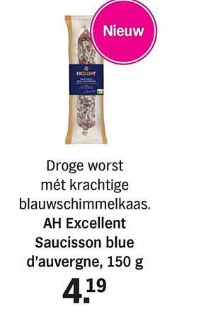 Nieuwe droge worst met krachtige blauwschimmelkaas. AH Excellent Saucisson blue d'auvergne, 150 g