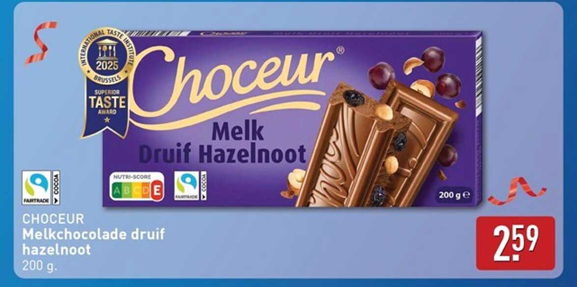 Chocoeur Melkchocolade druif hazelnoot 200 g