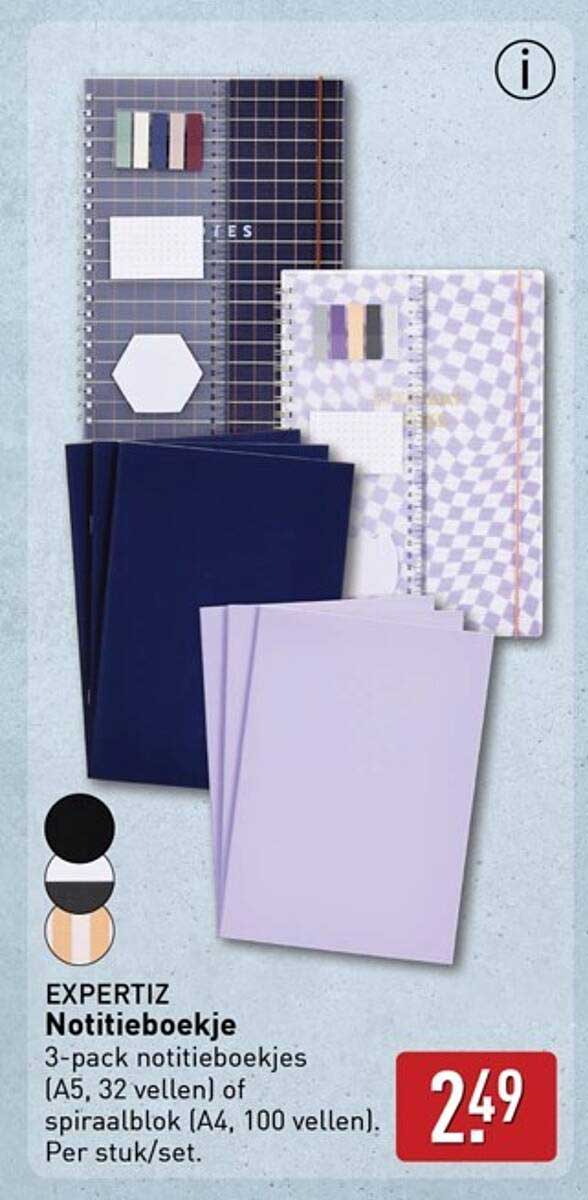 EXPERTIZ Notitieboekje 3-pack notitieboekjes (A5, 32 vellen) of spiraalblok (A4, 100 vellen). Per stuk/set.