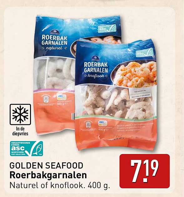 GOLDEN SEAFOOD Roerbakgarnalen Natuur of Knoflook. 400 g.