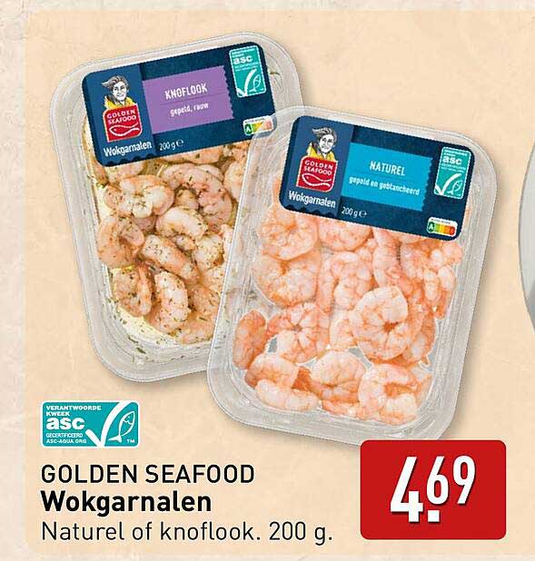 GOLDEN SEAFOOD Wokgarnalen Naturel of Knoflook. 200 g.