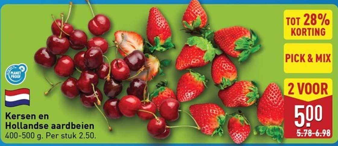 Kersen en Hollandse aardbeien 400-500 g. Per stuk 2.50.