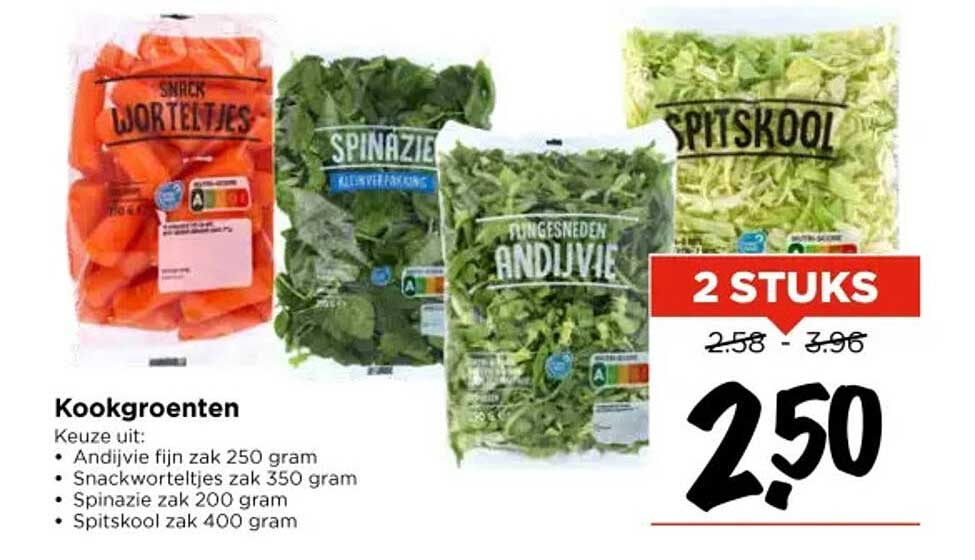 Kookgroenten 2 stuks: Andijvie, Snackworteltjes, Spinazie en Spitskool
