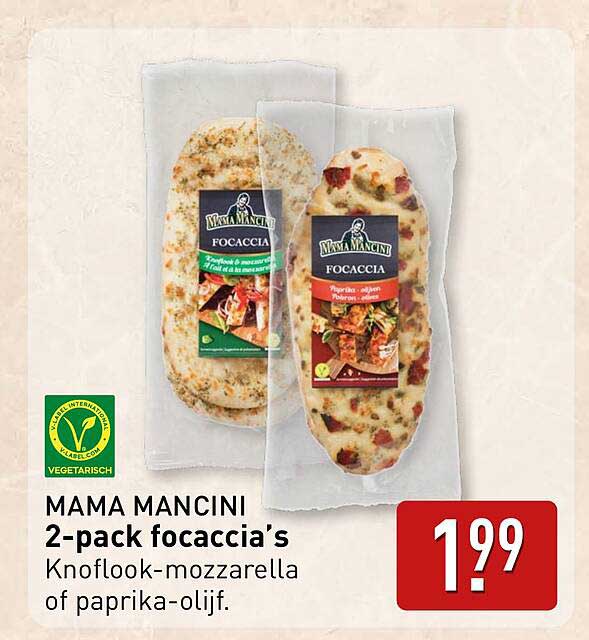 MAMA MANCINI 2-pack focaccia's knoflook-mozzarella of paprika-olijf.