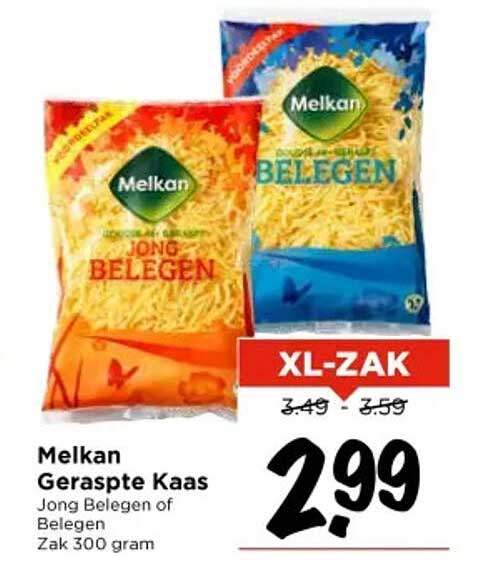 Melkan Geraspte Kaas Jong Belegen of Belegen Zak 300 gram