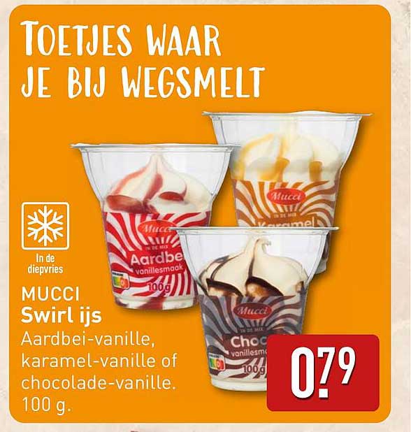 MUCCI Swirl ijs Aardbei-vanille, karamel-vanille of chocolade-vanille. 100 g.