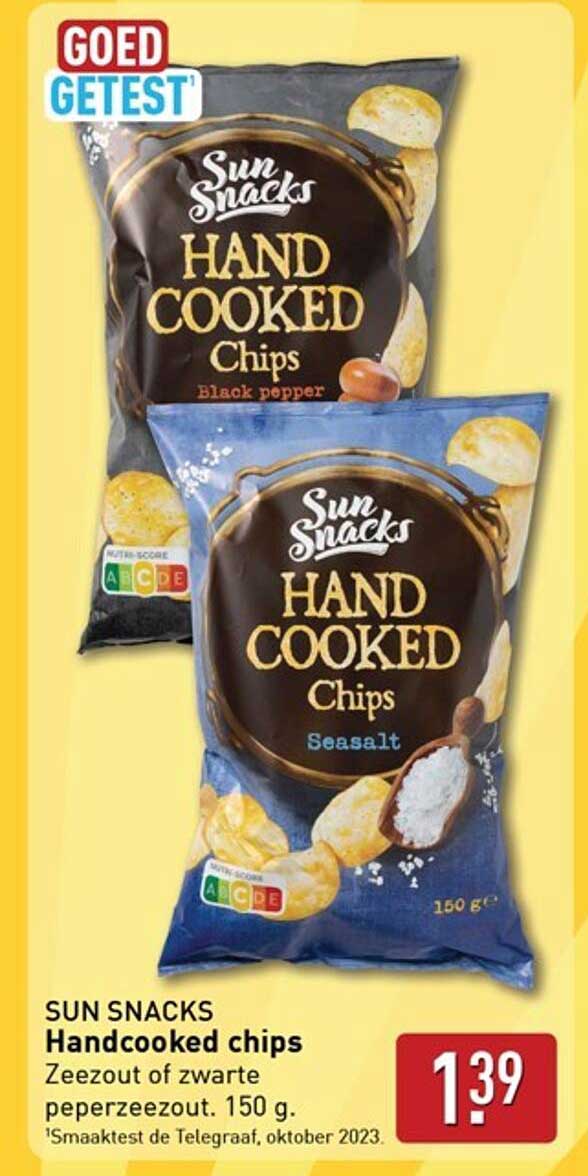 SUN SNACKS Handcooked chips Zeezout of zwarte peperzee zout. 150 g.