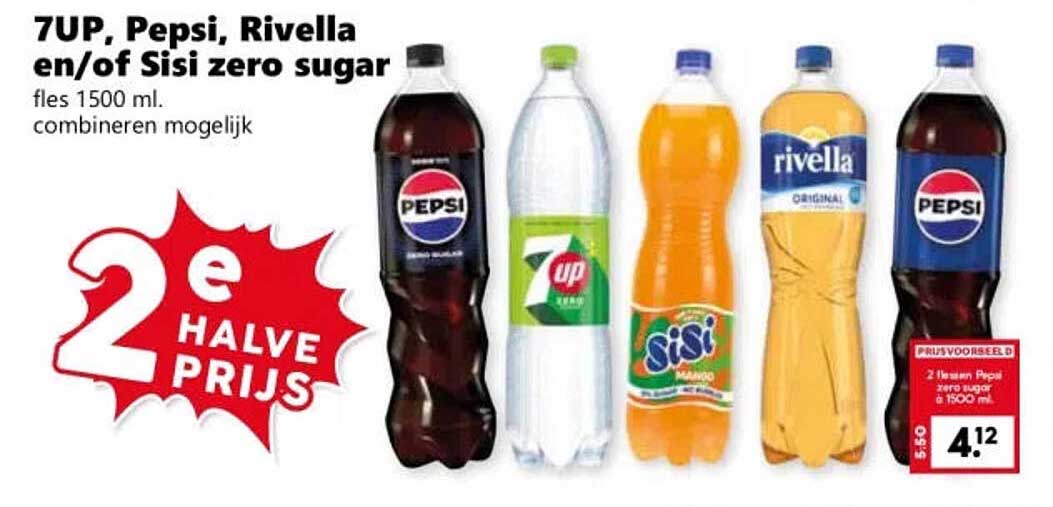 7UP, Pepsi, Rivella en/of Sisi zero sugar 1,5 liter 2e halve prijs