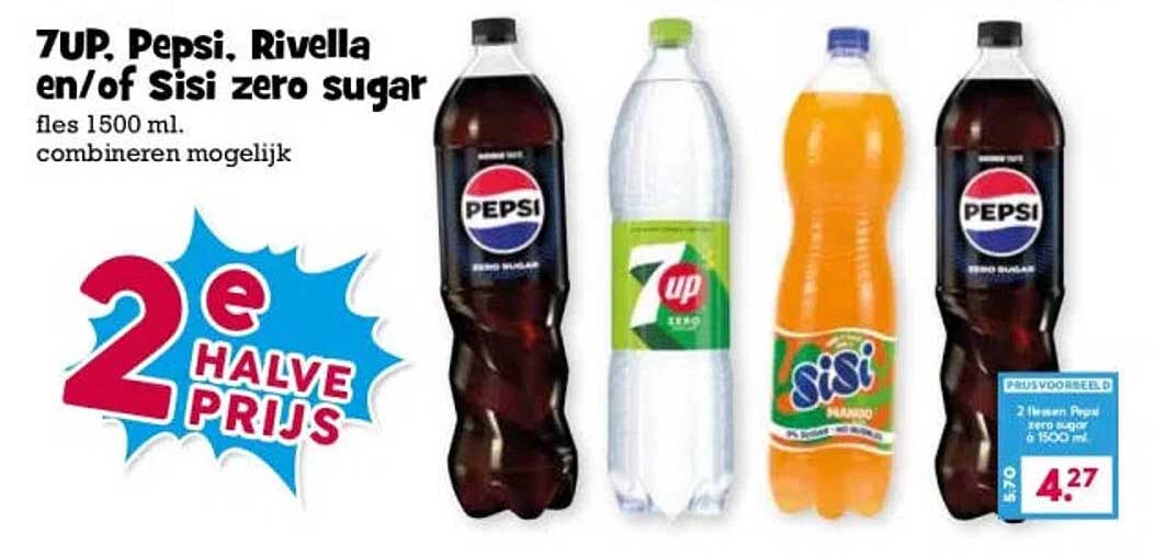 7UP, Pepsi, Rivella en/of Sisi zero sugar 2e halve prijs