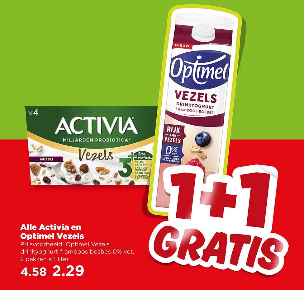 Alle Activia en Optimel Vezels 1+1 gratis