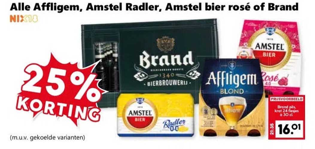 Alle Affligem, Amstel Radler, Amstel bier rosé of Brand 25% korting