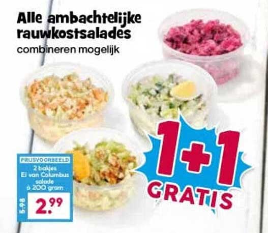 Alle ambachtelijke rauwkostsalades combineren mogelijk 1+1 GRATIS