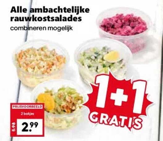 Alle ambachtelijke rauwkostsalades combineren mogelijk 1+1 GRATIS