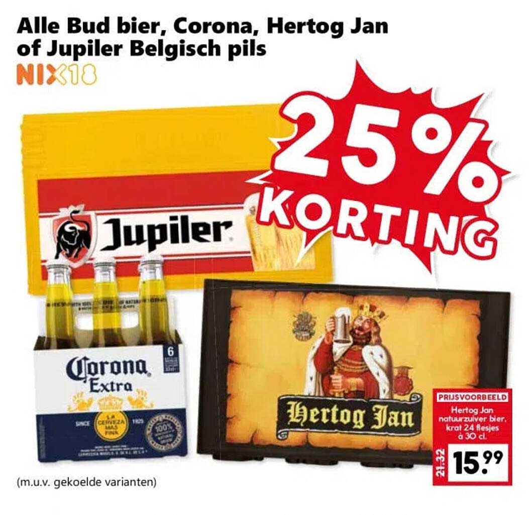 Alle Bud bier, Corona, Hertog Jan of Jupiler Belgisch pils 25% korting