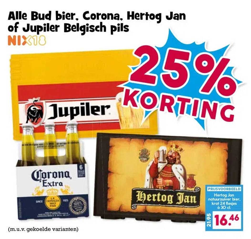Alle Bud bier, Corona, Hertog Jan of Jupiler Belgisch pils 25% korting