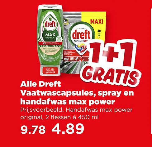 Alle Dreft Vaatwascapsules, spray en handafwas max power 1+1 GRATIS