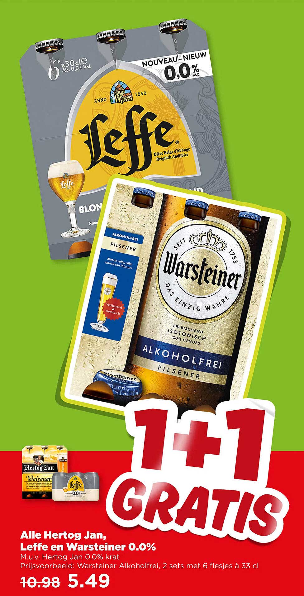 Alle Hertog Jan, Leffe en Warsteiner 0.0% 1+1 gratis