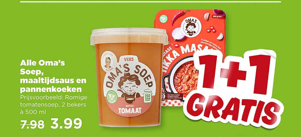 Alle Oma's Soep, maaltijdsaus en pannenkoeken 1+1 GRATIS