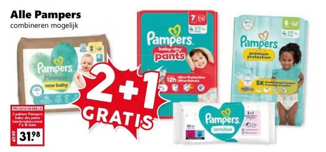 Alle Pampers combineren mogelijk 2+1 GRATIS