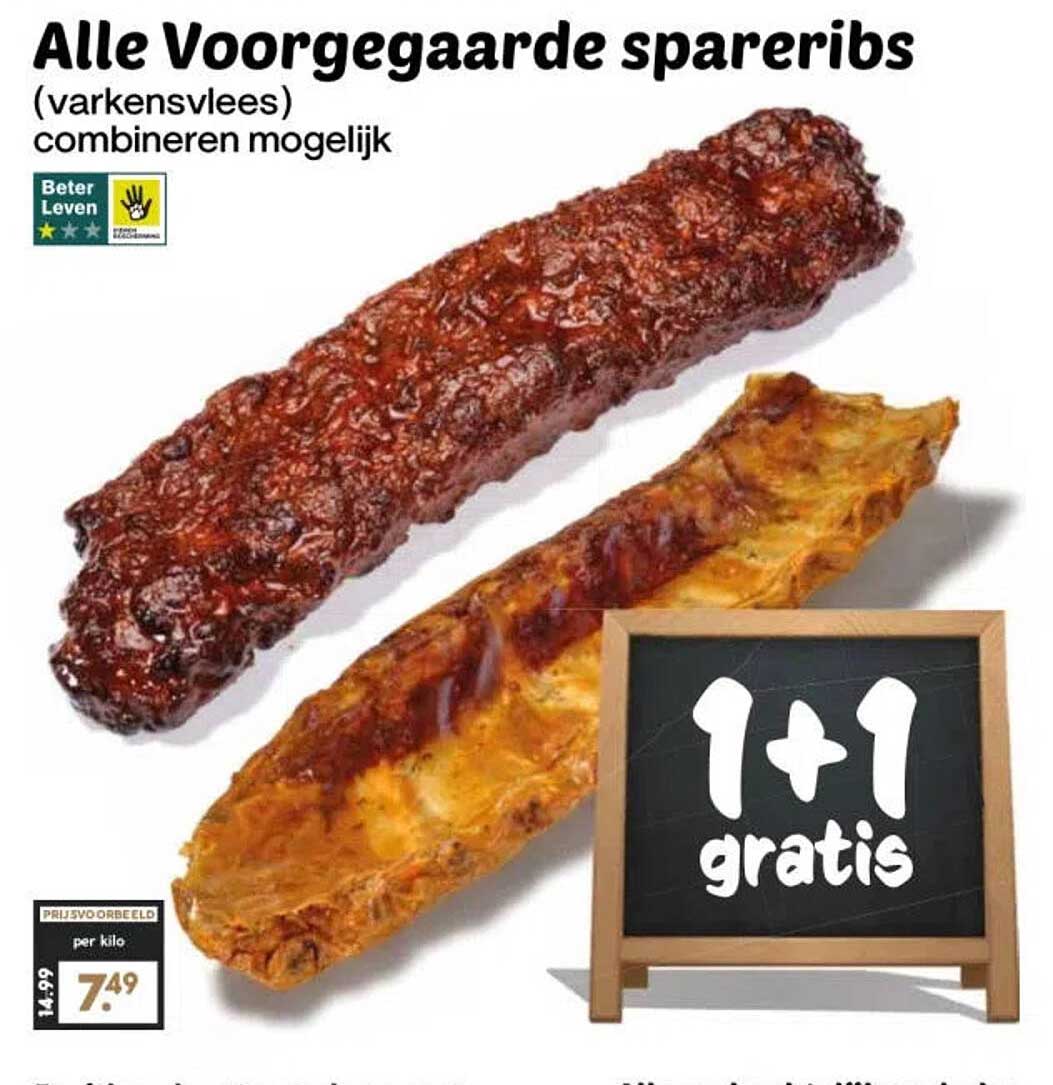 Alle voordeegaarde spareribs (varkensvlees) combineren mogelijk 1+1 gratis