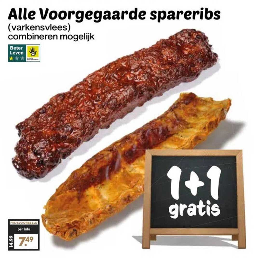 Alle Voorgegaarde spareribs (varkensvlees) combineren mogelijk 1+1 gratis