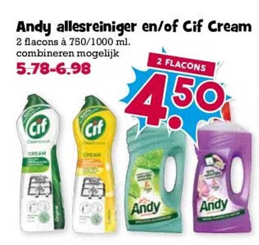 Andy allesreiniger en/of Cif Cream 2 flacons à 750/1000 ml. combineren mogelijk