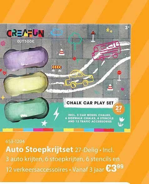 Auto Stoepkrijtset 27-Delig • Incl. 3 auto krijten, 6 stoepkrijten, 6 stencils en 12 verkeersaccessoires • Vanaf 3 jaar
