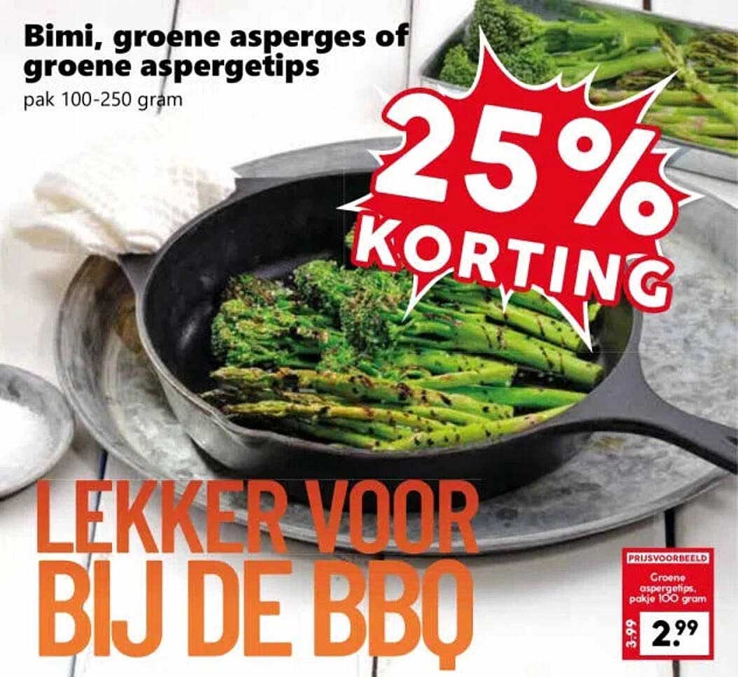 Bimi, groene asperges of groene aspergetips pak 100-250 gram 25% korting