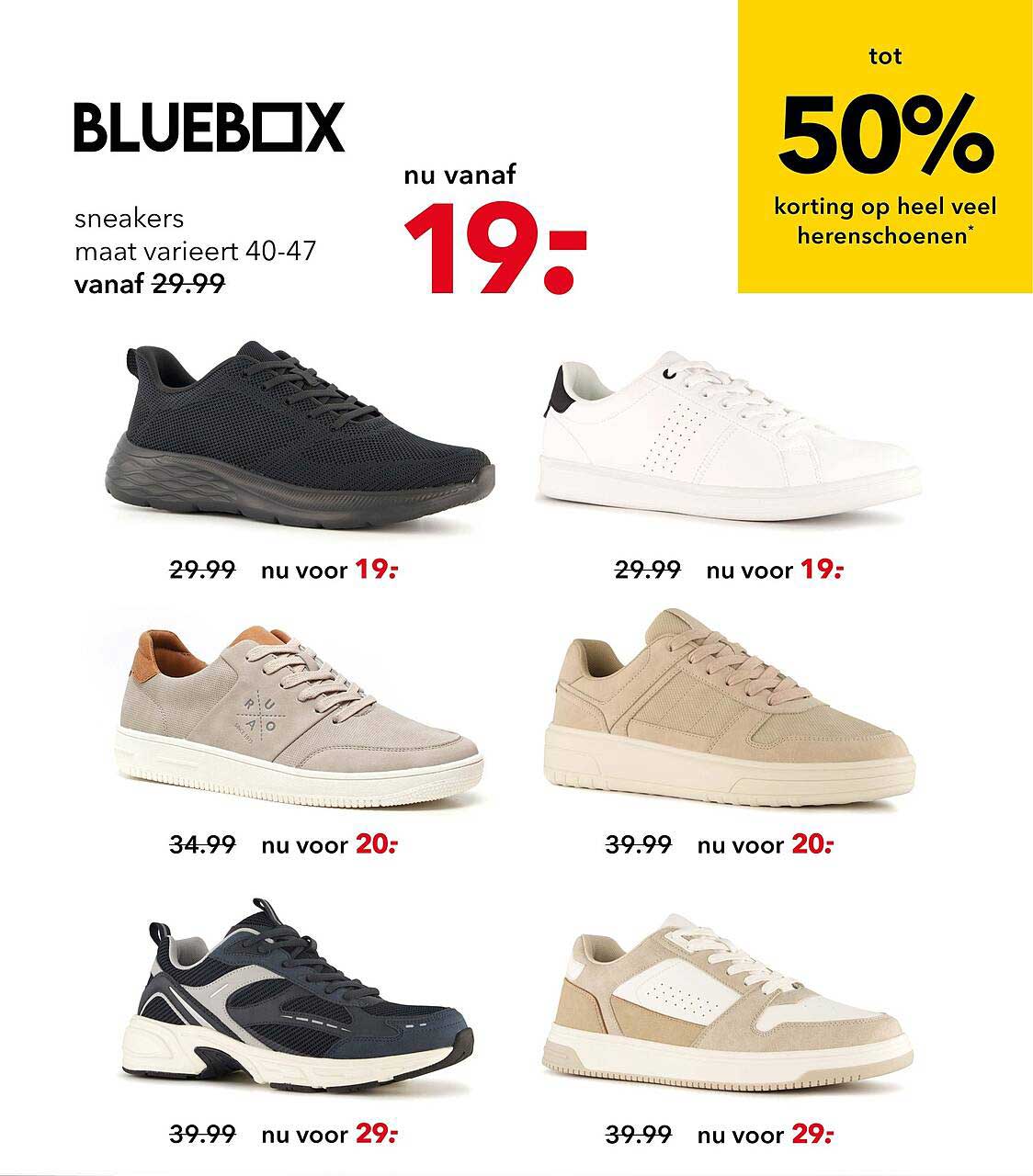 BLUEBOX sneakers maat varieert 40-47 vanaf 29.99 nu vanaf 19:- tot 50% korting op heel veel herenschoenen*