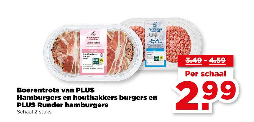Boerentrots van PLUS Hamburgers en houthakkers burgers en PLUS Runder hamburgers