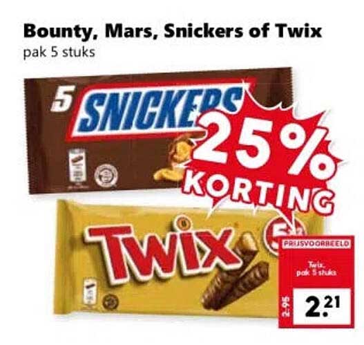 Bounty, Mars, Snickers of Twix pak 5 stuks 25% KORTING