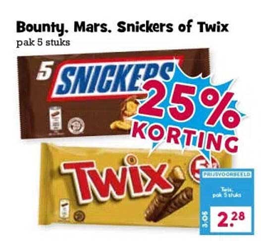 Bounty, Mars, Snickers of Twix pak 5 stuks 25% KORTING