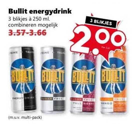 Bullit energydrink 3 blikjes à 250 ml. combineren mogelijk 3.57-3.66 3 blikjes 2.00