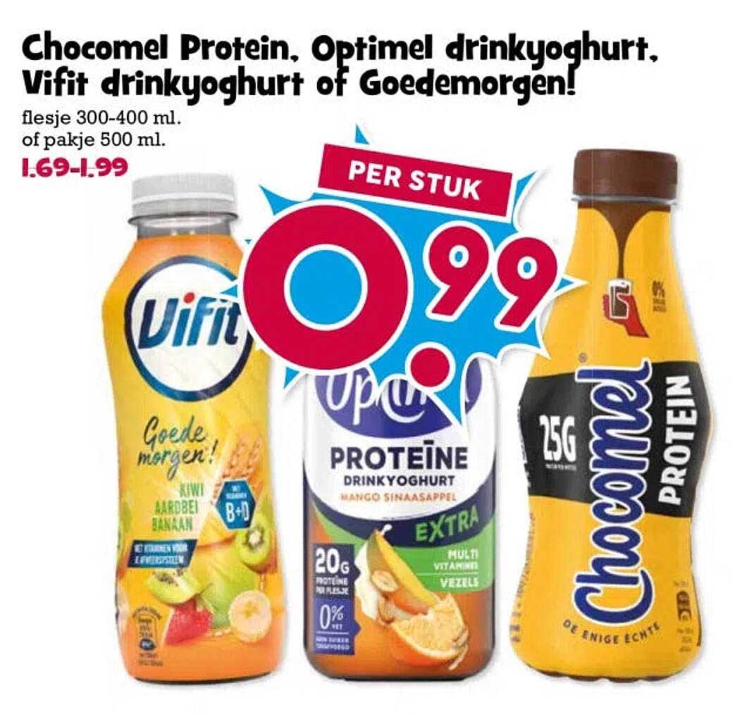 Chocomel Protein, Optimel drinkyoghurt, Vifit drinkyoghurt of Goedemorgen!
