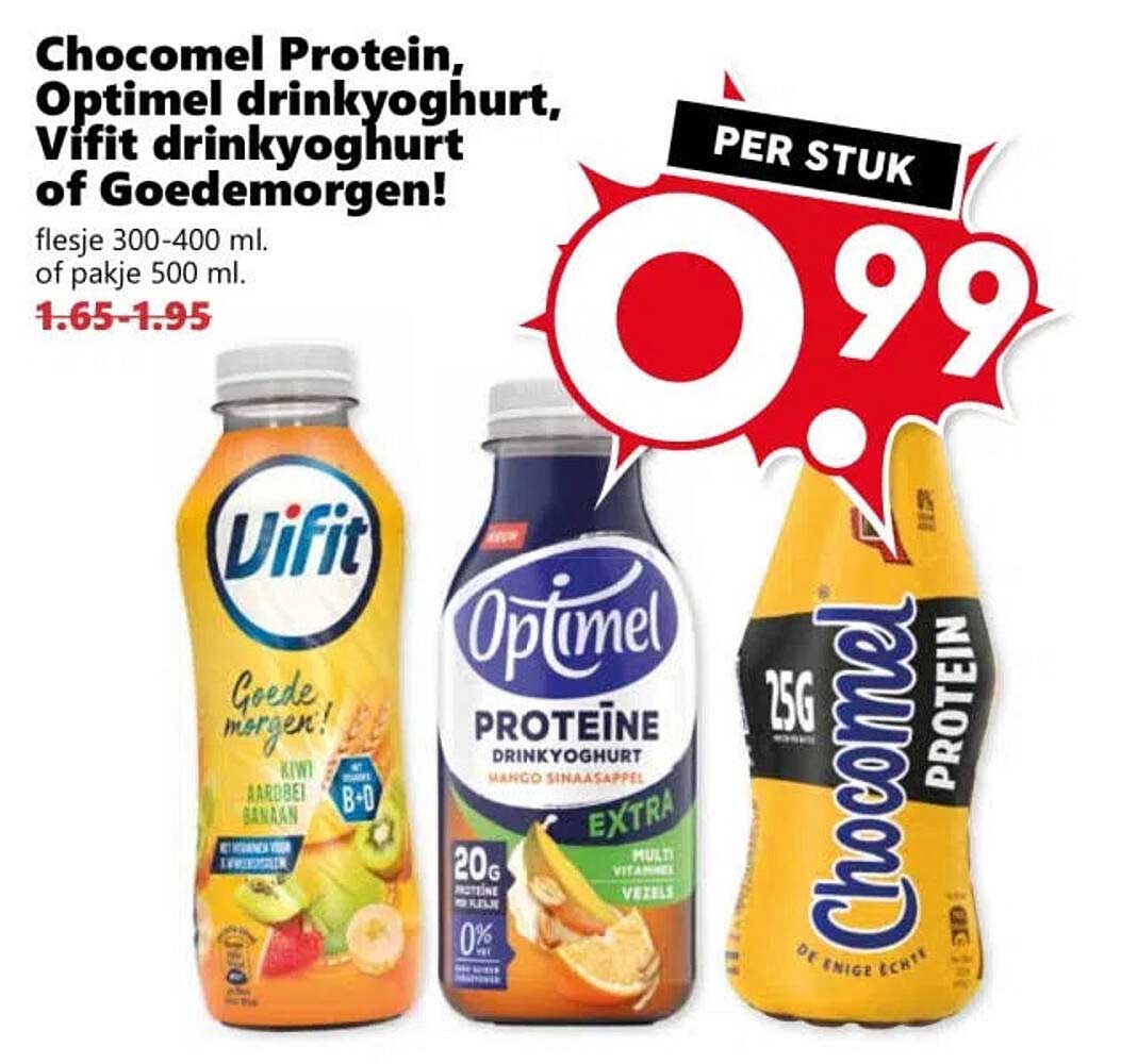 Chocomel Protein, Optimel drinkyoghurt, Vifit drinkyoghurt of Goedenmorgen! PER STUK
