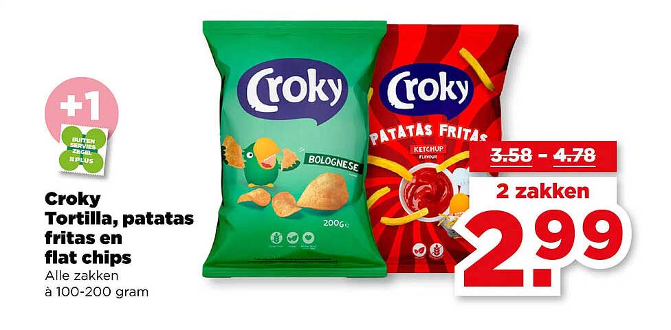 Croky Tortilla, patatas fritas en flat chips 2 zakken