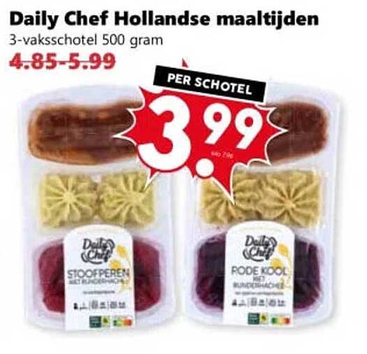 Daily Chef Hollandse maaltijden 3-vaksschotel 500 gram PER SCHOTEL