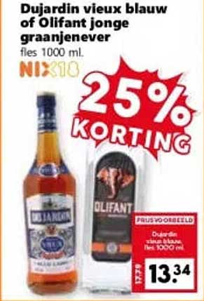 Dujardin vieux blauw of Olifant jonge graanjenever fl. 1000 ml 25% KORTING