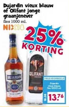 Dujardin vieux blawu of Olifant jonge graanjever fles 1000 ml. 25% KORTING