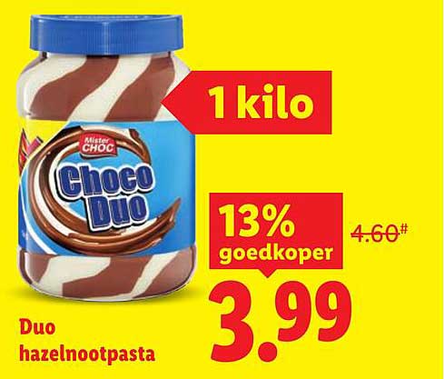 Duo hazelnootpasta 1 kilo 13% goedkoper