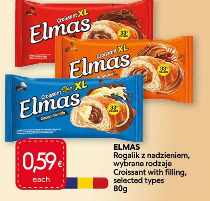 ELMAS Rogalik z nadzieniem, wybrane rodzaje Croissant with filling, selected types 80g