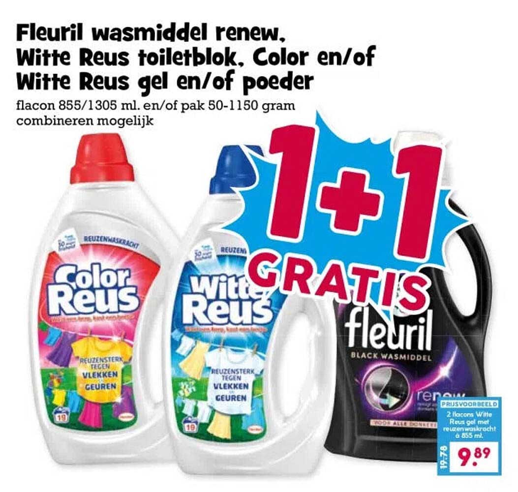 Fleuril wasmiddel renew, Witte Reus toileblok, Color en/of Witte Reus gel en/of poeder 1+1 gratis