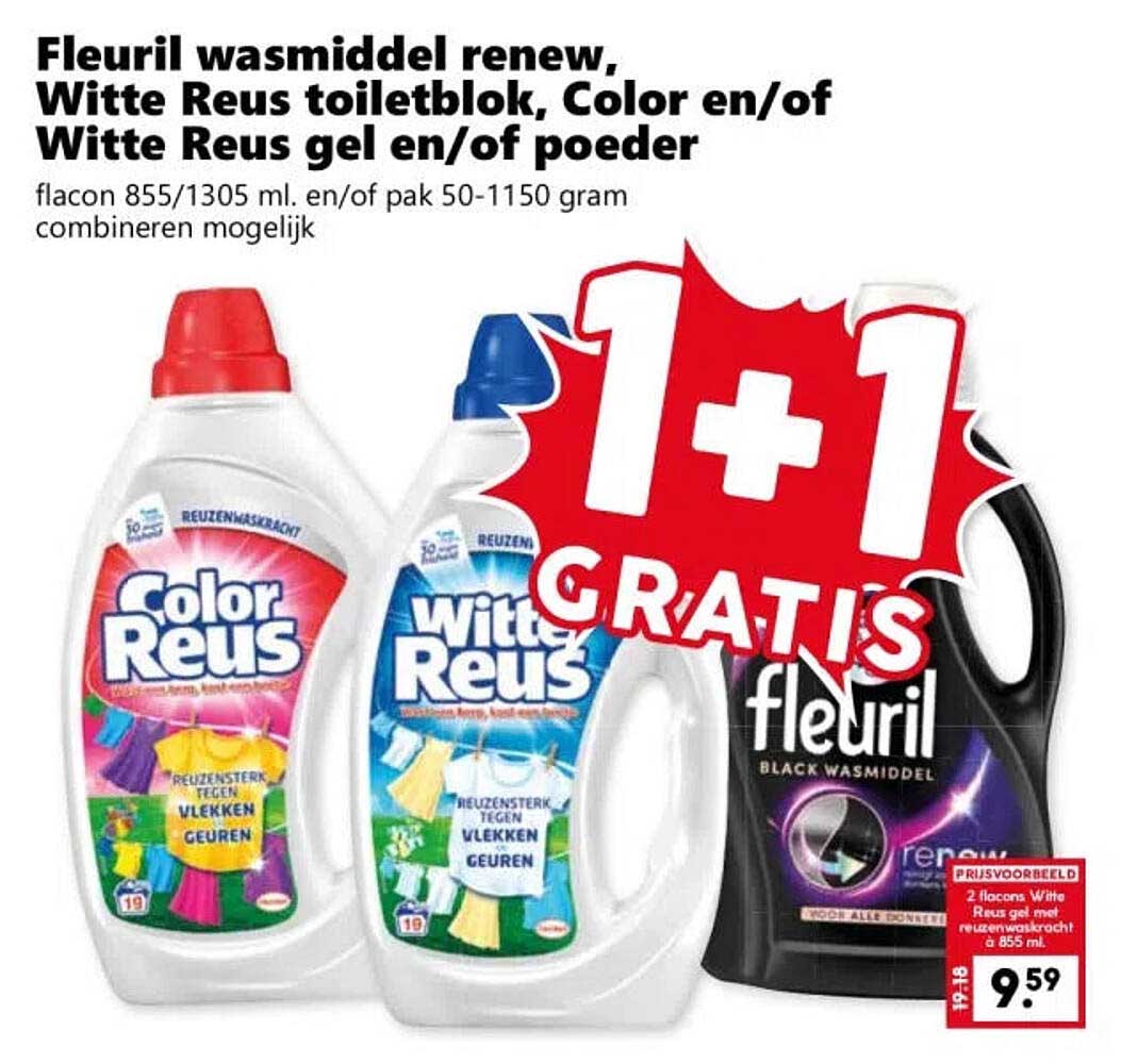 Fleuril wasmiddel renew, Witte Reus toiletblok, Color en/of Witte Reus gel en/of poeder 1+1 GRATIS