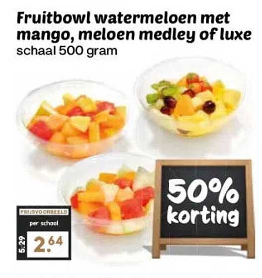 Fruitbowl watermeloen met mango, meloen medley of luxe schaal 500 gram 50% korting