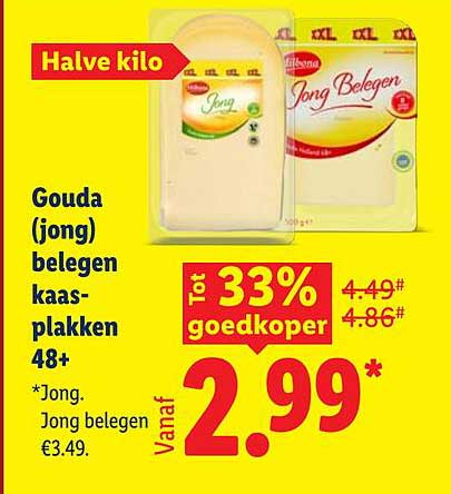 Gouda (jong) belegen kaas-plakken 48+ Halve kilo