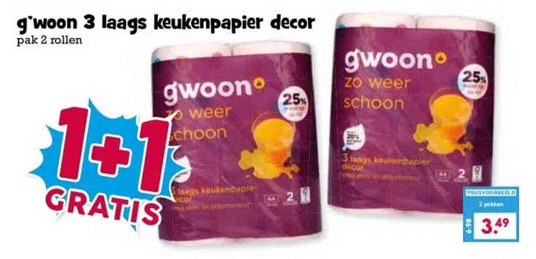g'woon 3 laags keukenpapier decor pak 2 rollen 1+1 GRATIS