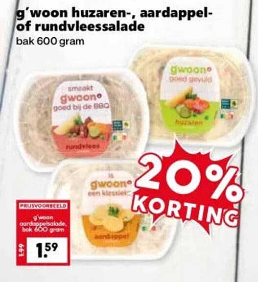 g'woon huzaren-, aardappel- of rundvleessalade bak 600 gram 20% KORTING